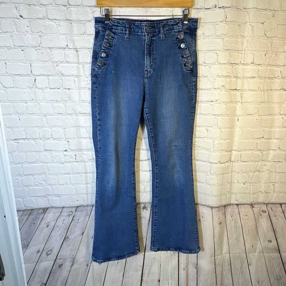 Gap 70s Flare Jeans Women’s 10 High Waisted Button‎ Pocket Medium Wash Stretch